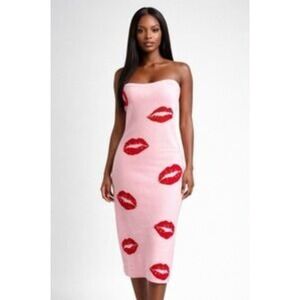 Madden Girl Large Strapless Bodycon Dress Pink Red Hot Lips Kiss Midi Valentine